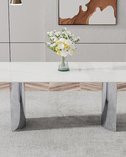 NicBex Modern Minimalist Dining Table White Imitation Marble Glass Desktop is Equipped with Silver Metal Legs Suitable for Restaurants and Living Rooms, White + Silver - LeafyLoom