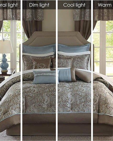 Madison Park Essentials Brystol 24 Piece Room in a Bag Faux Silk Comforter Jacquard Paisley Design Matching Curtains Down Alternative Hypoallergenic All Season Bedding-Set, King (104 in x 92 in), Blue - LeafyLoom