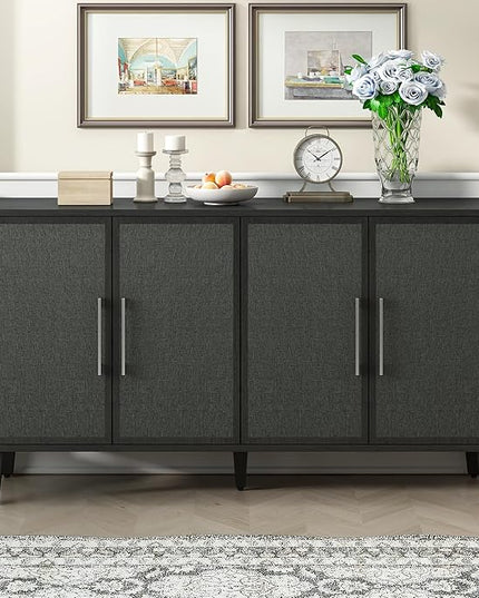 Merax Sideboard Buffet Cabinet with Storage, 4 Linen Door Cupboard w/Adjustable Shelves, Wood Console Table for Entrance, Study or Living Room, Black - LeafyLoom