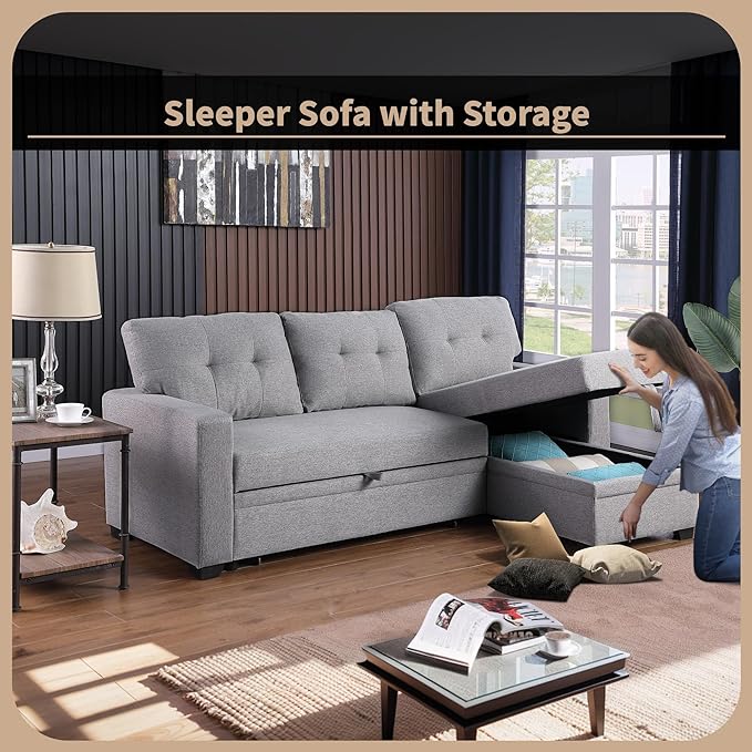 L Shaped Convertible Sofa, 82 Inch Sectional Couch Chaise, Linen Reversible Upholstered Pull Out Bed with Storage Space for Living Room, Apartment and Office, Light Gray - LeafyLoom