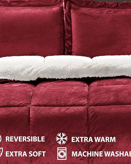 Cathay Home King Comforter Set: Ultra Soft and Plush Reversible Micromink and Sherpa 3-Piece Bedding Set, Burgundy, King (102" x 90") - LeafyLoom