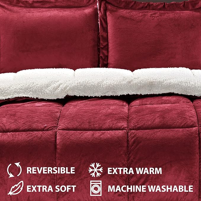 Cathay Home King Comforter Set: Ultra Soft and Plush Reversible Micromink and Sherpa 3-Piece Bedding Set, Burgundy, King (102" x 90") - LeafyLoom