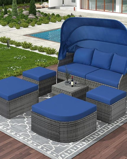 Rectangle Furniture Daybed Sunbed with Retractable Canopy, Outdoor Wicker Conversation Set with Cushions for Patio, Backyard, Porch, Garden, Bc-Blue + Rattan - LeafyLoom