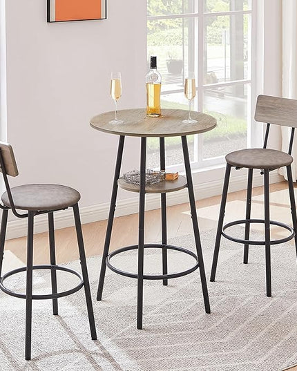 Dining Table Set, Bistro Table and Chairs Set of 2 with Upholstered Cushion, Storage Shelf and Backrest, Pub High Top Round Table Set for Kitchen, Dining Room and Home Bar, Grey - LeafyLoom