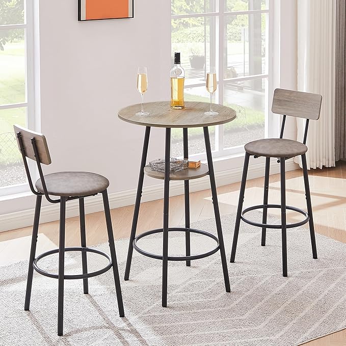 Dining Table Set, Bistro Table and Chairs Set of 2 with Upholstered Cushion, Storage Shelf and Backrest, Pub High Top Round Table Set for Kitchen, Dining Room and Home Bar, Grey - LeafyLoom