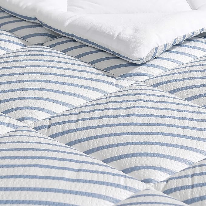 Nautica - Twin Comforter Set, Luxuriously Soft Seersucker Textured Bedding with Matching Sham, Wrinkle-Free Striped Home Decor, Dorm Room Essentials (Windsor Blue, Twin) - LeafyLoom