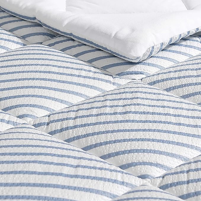 Nautica - King Comforter Set, Luxuriously Soft Seersucker Textured Bedding with Matching Shams, Wrinkle-Free Striped Home Decor (Windsor Blue, King) - LeafyLoom