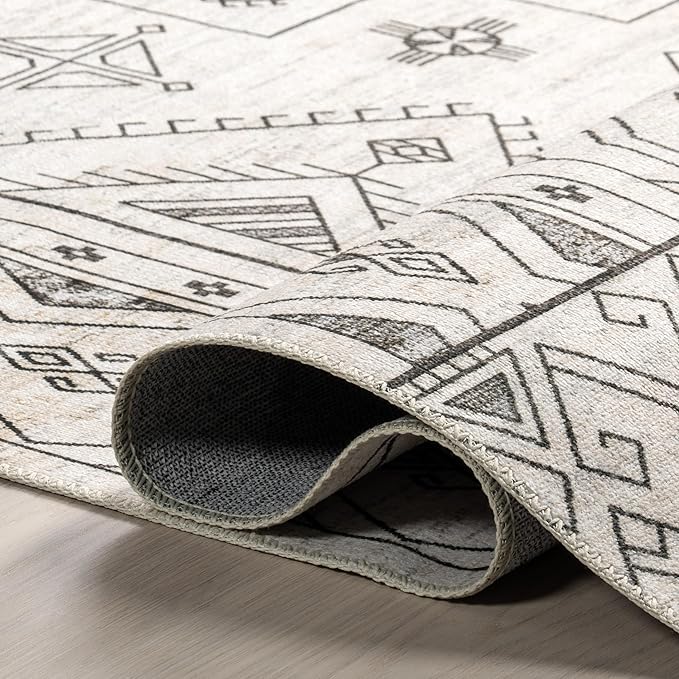 nuLOOM Malena Tribal Bordered Machine Washable Ultra Thin Runner Rug, 2' 6" x 8', Light Grey - LeafyLoom