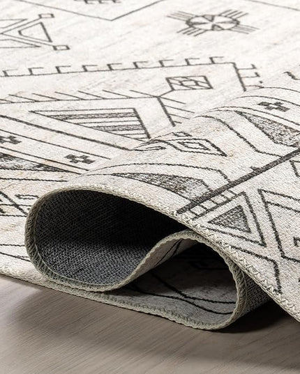 nuLOOM Malena Tribal Bordered Machine Washable Ultra Thin Area Rug, 6' x 9', Light Grey - LeafyLoom
