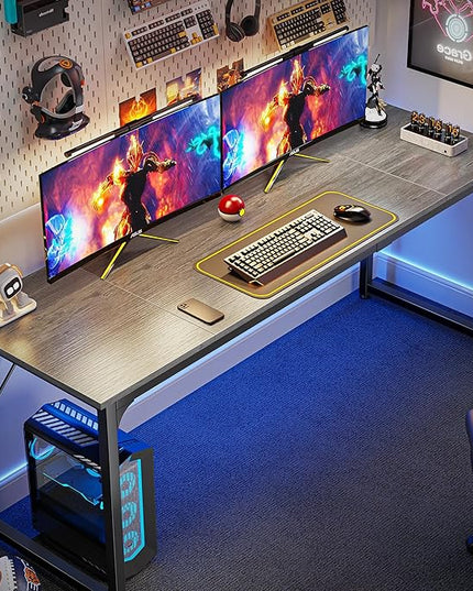 Computer Desk, 70 Inch Office Desk, Gaming Desk with Storage, Writing Desk Work Desk for Home Office, Study, Long Simple Desk, Large Legroom, Metal Frame, Grey - LeafyLoom
