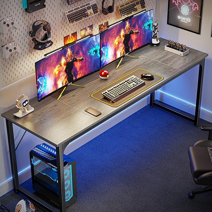 Computer Desk, 70 Inch Office Desk, Gaming Desk with Storage, Writing Desk Work Desk for Home Office, Study, Long Simple Desk, Large Legroom, Metal Frame, Grey - LeafyLoom