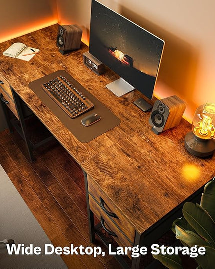 55 Inch Computer Desk with 4 Drawers, Office Desk with Mesh Shelf, Gaming Desk, Large Storage, Writing Desk Work Desk for Home Office, Study, Bedroom, Work from Home, Rustic Brown - LeafyLoom