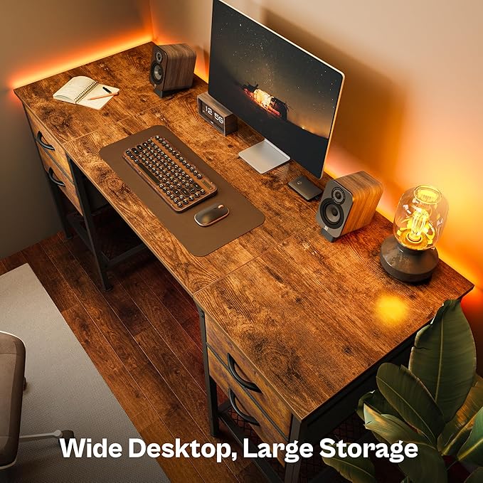 55 Inch Computer Desk with 4 Drawers, Office Desk with Mesh Shelf, Gaming Desk, Large Storage, Writing Desk Work Desk for Home Office, Study, Bedroom, Work from Home, Rustic Brown - LeafyLoom