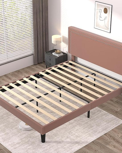 VECELO Full Size Platform Bed Frame with Adjustable Upholstered Headboard, Modern Mattress Foundation,Strong Wood Slat Support, No Box Spring Needed, Easy Assembly - LeafyLoom