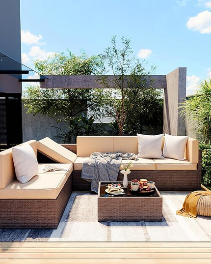 Pamapic Patio Furniture Set, 7 Pieces Modular Outdoor Sectional, Patio Sectional Sofa Conversation Set, Rattan Sofa with Coffee Table and Washable Cushions Covers, Brown Rattan and Beige Cushions - LeafyLoom