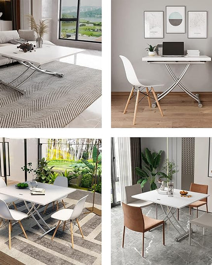 Height Adjustable Folding Dining Table Lift Top Coffee Table Converts to Dining Table with Sturdy Cross Metal Legs, Multi-Functional Space Saving Transform Table, White - LeafyLoom