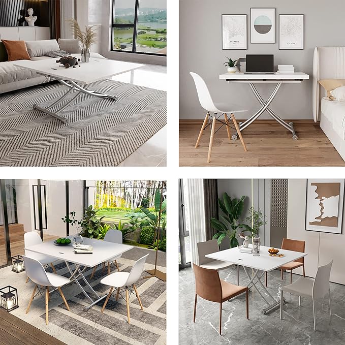 Height Adjustable Folding Dining Table Lift Top Coffee Table Converts to Dining Table with Sturdy Cross Metal Legs, Multi-Functional Space Saving Transform Table, White - LeafyLoom