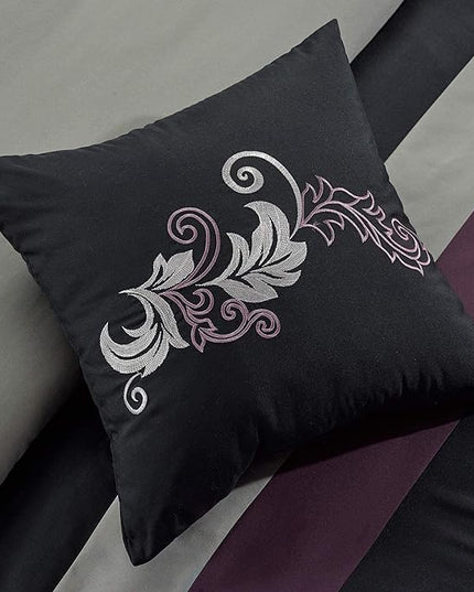 Chezmoi Collection Napa 7-Piece Luxury Leaves Scroll Embroidery Bedding Comforter Set (Queen, Purple/Black/Gray) - LeafyLoom