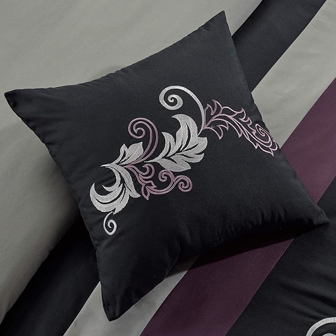 Chezmoi Collection Napa 7-Piece Luxury Leaves Scroll Embroidery Bedding Comforter Set (Queen, Purple/Black/Gray) - LeafyLoom