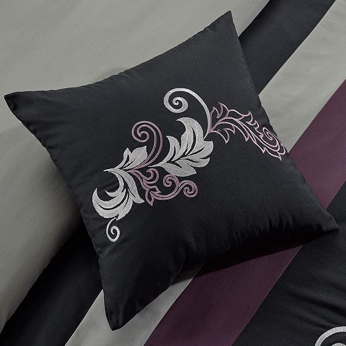 Chezmoi Collection Napa 7-Piece Luxury Leaves Scroll Embroidery Bedding Comforter Set (California King, Purple/Black/Gray) - LeafyLoom