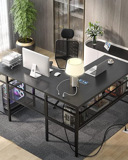 Unikito L Shaped Desk with USB Charging Port and Power Outlet, Reversible Corner Computer Desk with Storage Shelves, Industrial 2 Person Long Gaming Table Modern Home Office Desk, Black - LeafyLoom