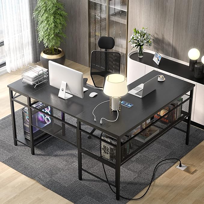 Unikito L Shaped Desk with USB Charging Port and Power Outlet, Reversible Corner Computer Desk with Storage Shelves, Industrial 2 Person Long Gaming Table Modern Home Office Desk, Black - LeafyLoom