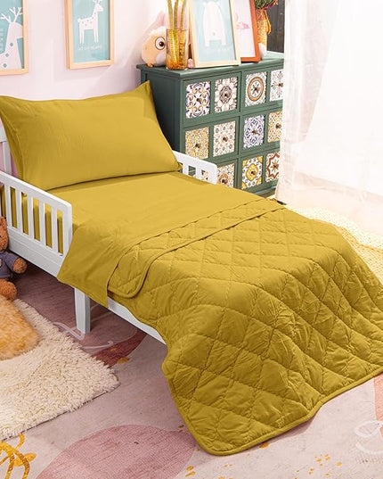 NTBAY Toddler Bedding Set - 4 Piece Soft and Breathable Crib Bedding Set for Boys and Girls, Includes Quilted Comforter, Fitted Sheet, Flat Top Sheet and Envelope Pillowcase, Yellow - LeafyLoom