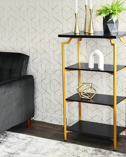 Household Essentials Crown Narrow 4 Shelf Open Storage Bookshelf Black Oak Wood Grain and Gold Metal - LeafyLoom