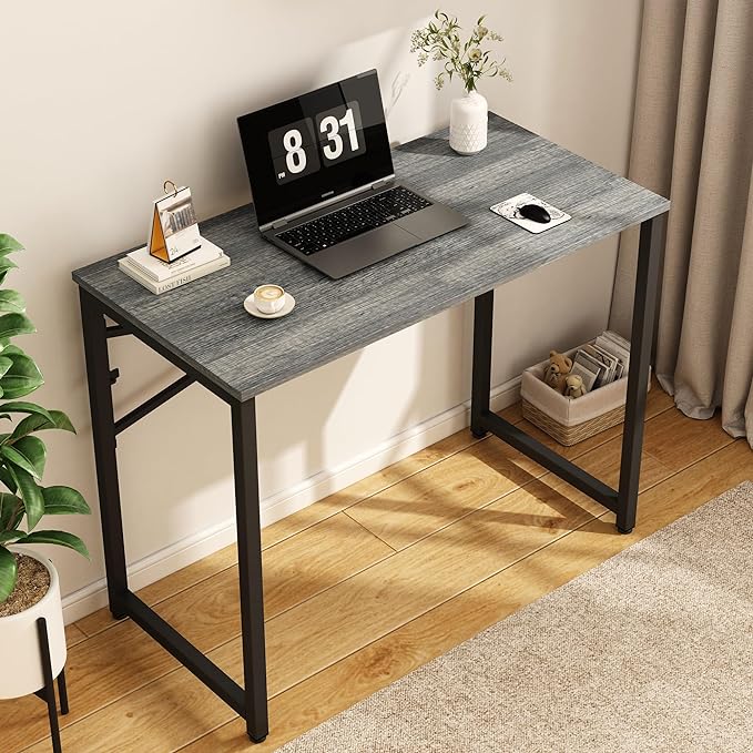 39 Inch Foldable Computer Desk, Folding Space-Saving Home Office Table, Study Writing Gaming Workstation for Small Space, No Assembly Needed,Grey Oak - LeafyLoom