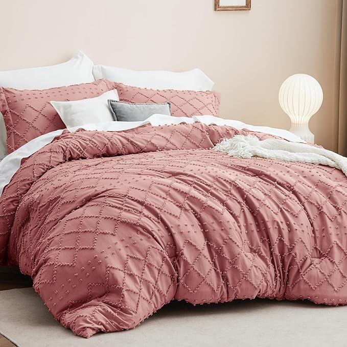 Bedsure Twin/Twin XL Comforter Set - Pink Clay Boho Twin Extra Long Comforter Set for College, Shabby Chic Dorm Bedding Set, 2 Pieces Modern Farmhouse Bed Set, includes 1 Pillow Sham - LeafyLoom