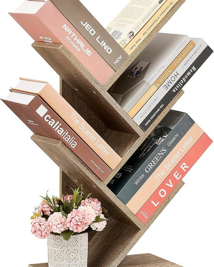 Hoctieon 4 Tier Tree Bookshelf, 4 Shelf Bookcase, Modern Book Storage, Free Standing Tree Bookcase, Utility Organizer Shelves for Home Office, Living Room, Bedroom, Greige - LeafyLoom