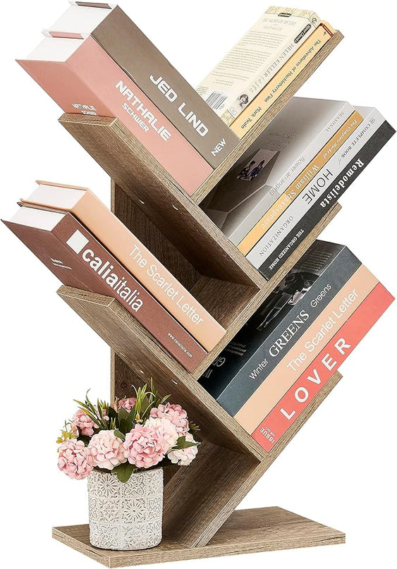 Hoctieon 4 Tier Tree Bookshelf, 4 Shelf Bookcase, Modern Book Storage, Free Standing Tree Bookcase, Utility Organizer Shelves for Home Office, Living Room, Bedroom, Greige - LeafyLoom