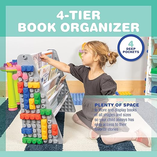 UNiPLAY Kids 4-Tier Book Storage Organizer with Sling Book Pockets, Plastic Sling Rack Bookshelf for Playroom, Fits Blocks, Gray/White - LeafyLoom