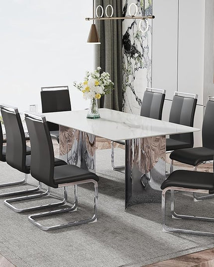 NicBex Modern Minimalist Dining Table White Imitation Marble Glass Desktop is Equipped with Silver Metal Legs Suitable for Restaurants and Living Rooms, White + Silver - LeafyLoom
