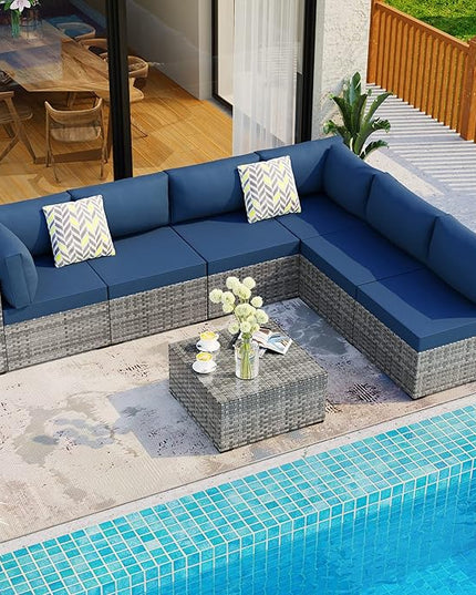 Shintenchi 7 Pieces Outdoor Patio Sectional Sofa Couch, Silver Gray PE Wicker Furniture Conversation Sets with Washable Cushions & Glass Coffee Table for Garden, Poolside, Backyard (Aegean Blue) - LeafyLoom