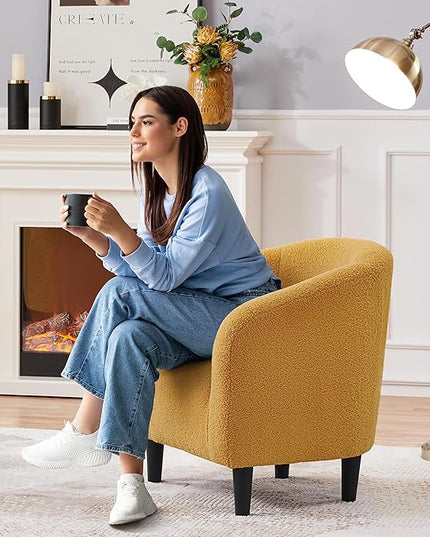 Yaheetech Accent Chair, Cozy Living Room Chairs with Soft Padded, Furry Sherpa Barrel Chair Sturdy Legs, Modern Armchair for Living Room Bedroom Reception Room Office, Mustard Yellow - LeafyLoom