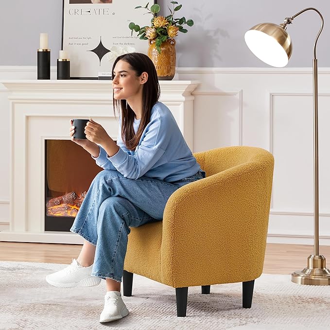 Yaheetech Accent Chair, Cozy Living Room Chairs with Soft Padded, Furry Sherpa Barrel Chair Sturdy Legs, Modern Armchair for Living Room Bedroom Reception Room Office, Mustard Yellow - LeafyLoom