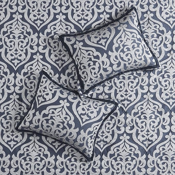 Madison Park Odette Cozy Comforter Set Jacquard Damask Medallion Design - Modern All Season, Down Alternative Bedding, Shams, Decorative Pillows, King(104 in x 92 in), Navy 8 Piece - LeafyLoom