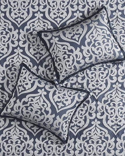 Madison Park Odette Cozy Comforter Set Jacquard Damask Medallion Design - Modern All Season, Down Alternative Bedding, Shams, Decorative Pillows, Cal King(104 in x 92 in), Navy 8 Piece - LeafyLoom