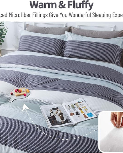 Andency Stripe Comforter Set Queen Size (90x90 Inch), 3 Pieces Mint Green Patchwork Striped Comforter, Soft Microfiber Down Alternative Comforter Bedding Set with Corner Loops - LeafyLoom