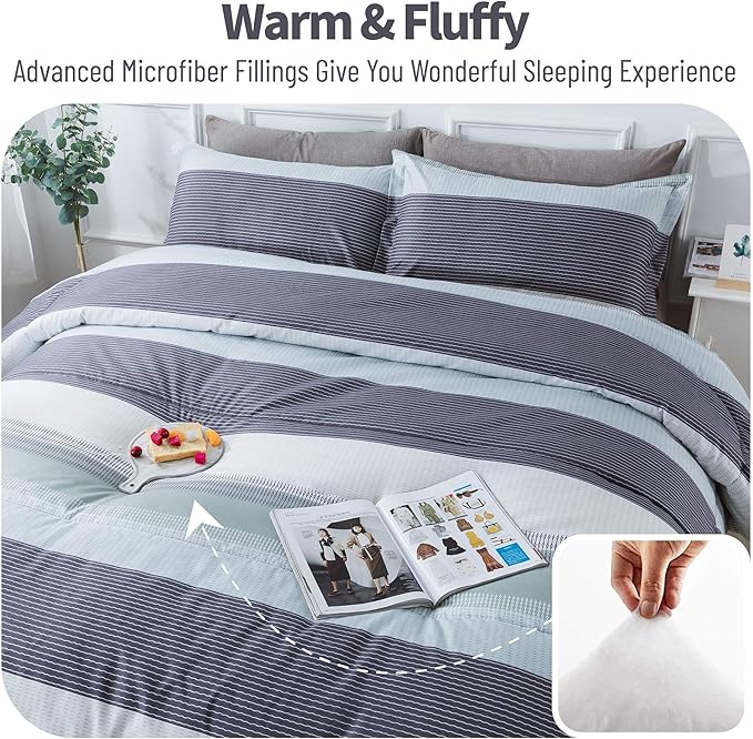 Andency Stripe Comforter Set Full Size (79x90 Inch), 3 Pieces Mint Green Patchwork Striped Comforter, Soft Microfiber Down Alternative Comforter Bedding Set with Corner Loops - LeafyLoom