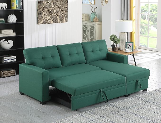Sectional Sofa with Tufted Seat & Back Cushion,Solid Wood Frame Dsign, Linen Reversible w/Storage Chaise and Pull-Out Sleeper for Home, Small Space Apartment, 82 Inch, Green - LeafyLoom