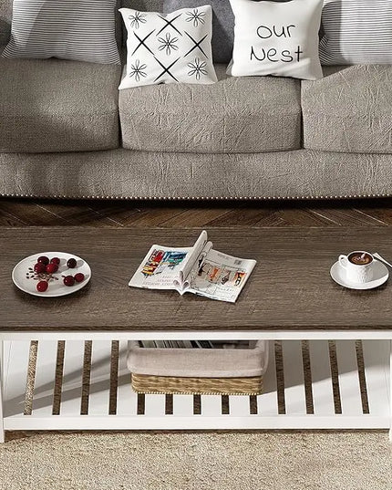 ChooChoo Farmhouse Coffee Table, Rustic Vintage Living Room Table with Shelf, 47 White - LeafyLoom