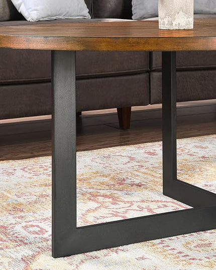 Solid Wood Oval Coffee Table with Cross Metal Legs, 47.9" Industrail Bar Cocktail Table for Living Room Kitchen Office Sofa Table Bristro Table for Cafe/Bar Rustic Brown - LeafyLoom