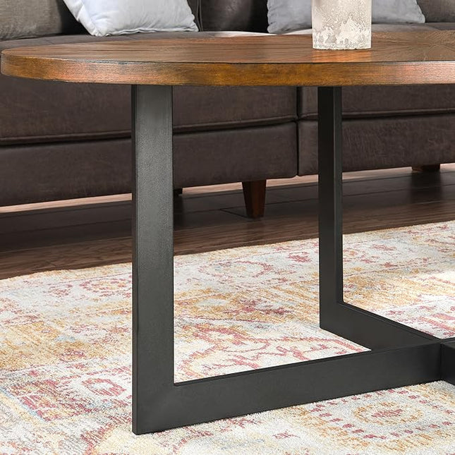 Solid Wood Oval Coffee Table with Cross Metal Legs, 47.9" Industrail Bar Cocktail Table for Living Room Kitchen Office Sofa Table Bristro Table for Cafe/Bar Rustic Brown - LeafyLoom