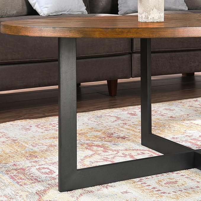 Solid Wood Oval Coffee Table with Cross Metal Legs, 47.9" Industrail Bar Cocktail Table for Living Room Kitchen Office Sofa Table Bristro Table for Cafe/Bar Rustic Brown - LeafyLoom