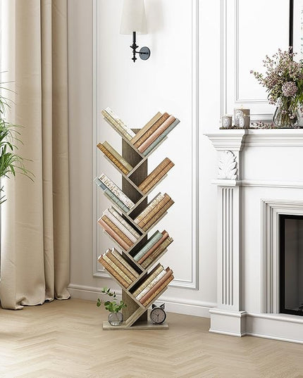 Hoctieon 10 Tier Tree Bookshelf, 10 Shelf Bookcase, Free Standing Tree Bookcase, Display Floor Standing Shelf for Books, Book Organizer Shelves for Home Office, Living Room, Bedroom, Greige - LeafyLoom