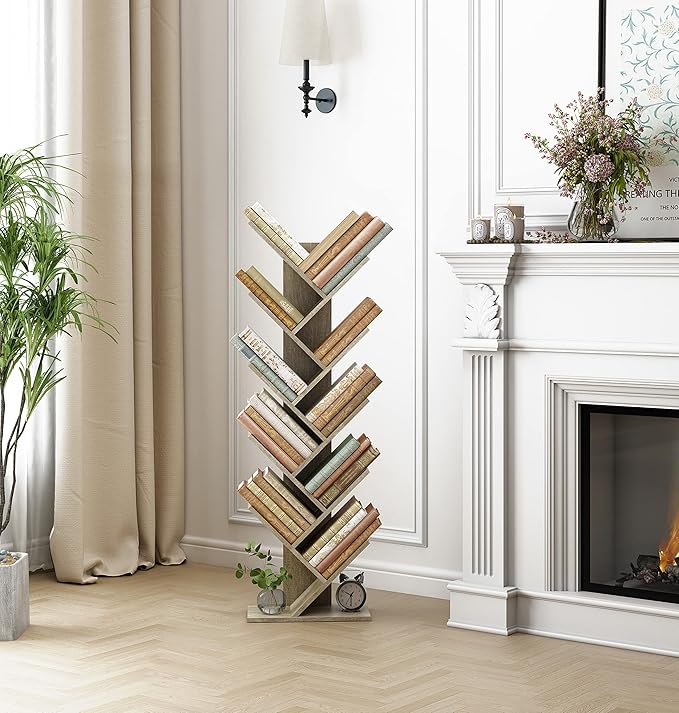 Hoctieon 10 Tier Tree Bookshelf, 10 Shelf Bookcase, Free Standing Tree Bookcase, Display Floor Standing Shelf for Books, Book Organizer Shelves for Home Office, Living Room, Bedroom, Greige - LeafyLoom