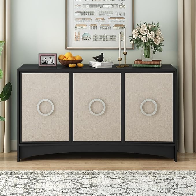 58.2“ Curved Design Storage Cabinet with Linen Material and Metal Round Handle Door,Wooden Console Table,W/Adjustable Shelves,Suitable for Corridors,Entrances,Living Rooms,Study,Beige - LeafyLoom