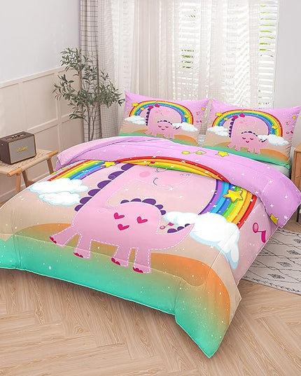 Tailor Shop Dinosaur Girls Comforter Set Queen Size,Rainbow Pink Dinosaur Bedding Set,Cartoon Dino Comforter Sets for Kids Teens，Dinosaur Bed Set,with 1 Comforter 2 Pillowcase - LeafyLoom